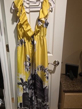 Cristina Gavioli Yellow Floral Maxi Dress with Ruffle V-Neck